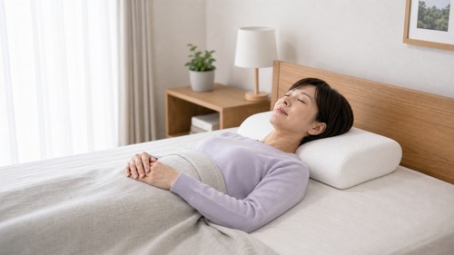 寝違えの急性期に首を支えて休む女性