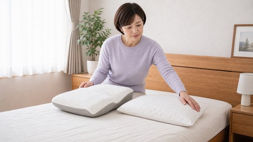 自分に合った枕を選ぶ女性