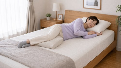 寝返りが打てる寝具で休む女性