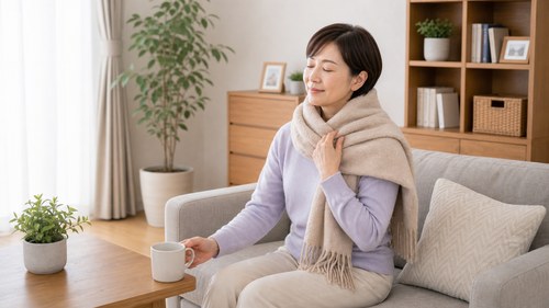 首肩を冷やさないよう温める女性