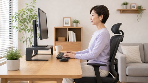 日中のデスク姿勢を見直す女性