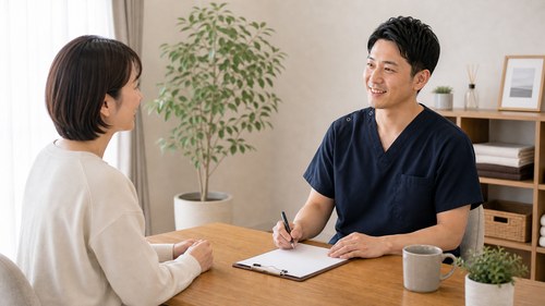 おおたかの森から通いやすい整体院を相談する女性