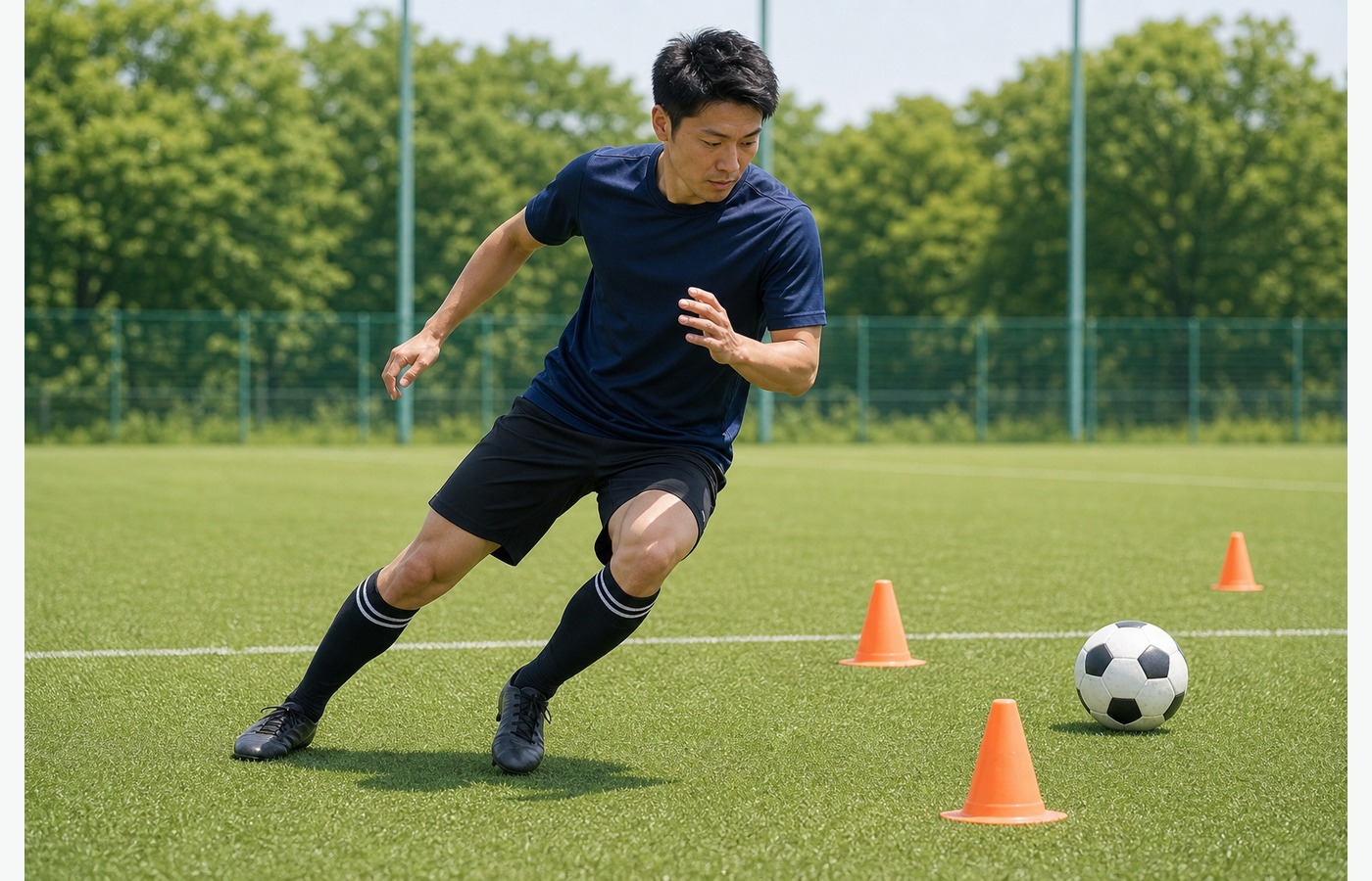 サッカーの切り返し動作で鼠径部に負担がかかるイメージ