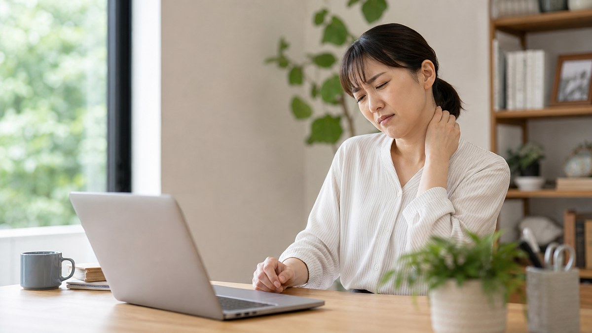 首の痛みを放置して仕事中もつらさが続くイメージ