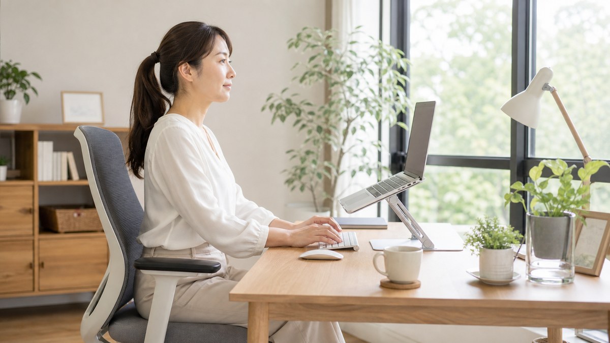 首の痛みと向き合いながら負担をためにくい作業環境を整えるイメージ