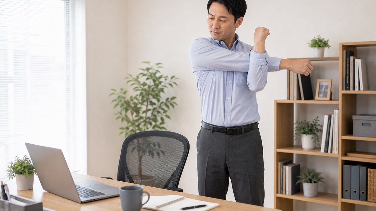 姿勢矯正のセルフケアとして30分に一度姿勢を変えるイメージ