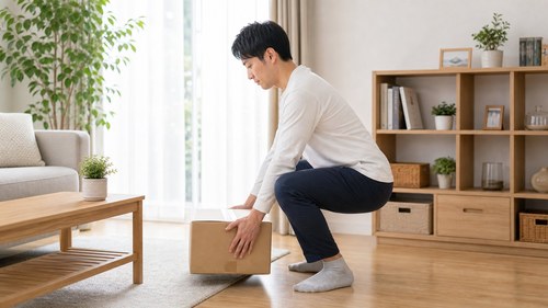 ぎっくり腰予防として物を持つときに膝を使うイメージ