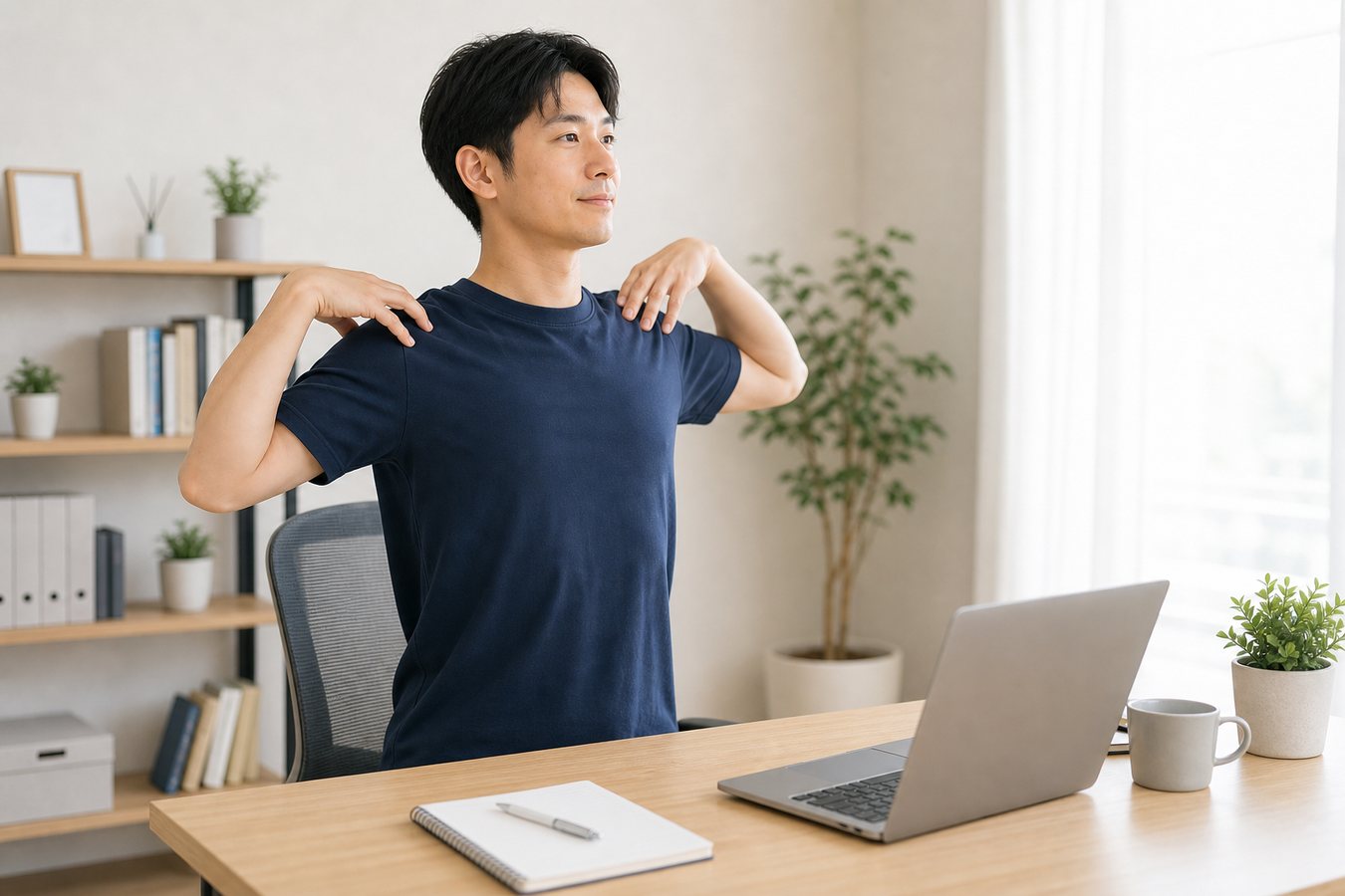 デスクワークの合間に肩を動かして休憩する肩こりセルフケアイメージ
