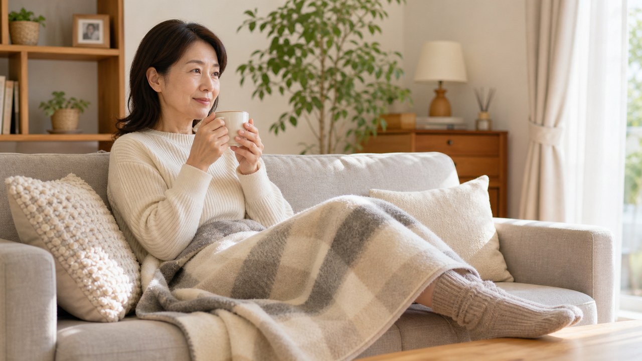 自宅で更年期の不調と体の冷えや緊張を見直すセルフケアイメージ