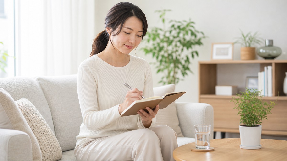 産後の尿漏れをひとりで抱え込まず記録しながら相談するイメージ