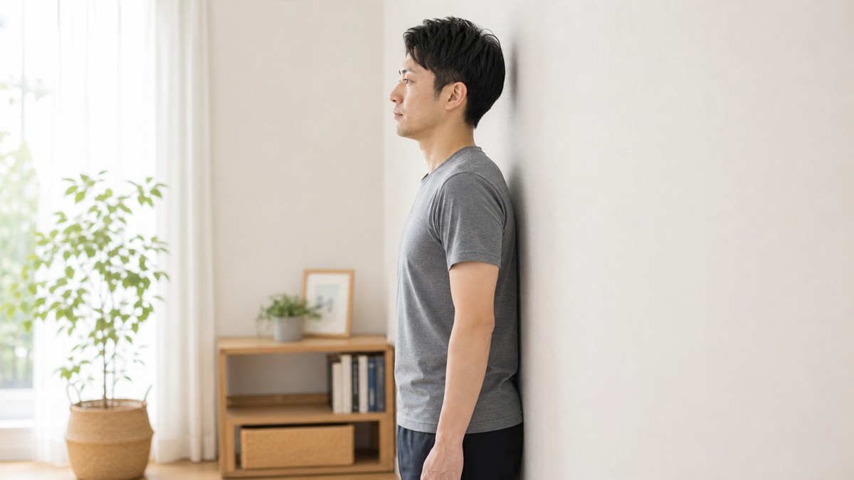 壁を使ってよい姿勢を確認するセルフチェック