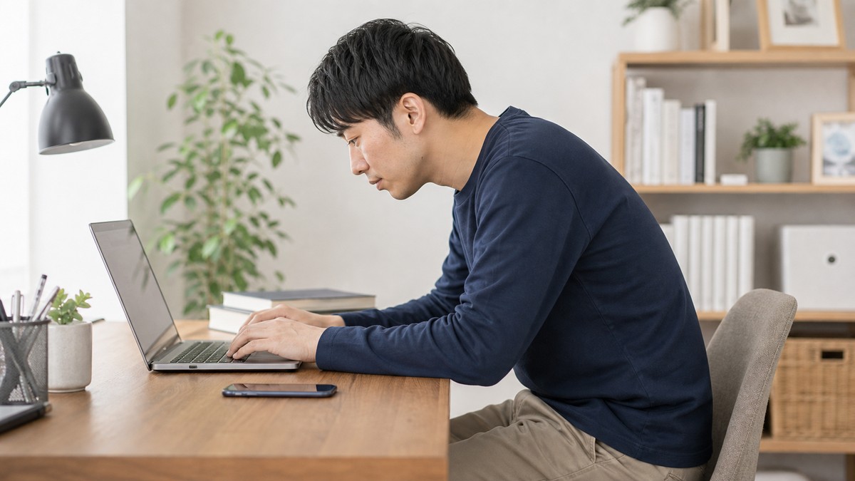 デスクワークで姿勢が崩れやすい様子