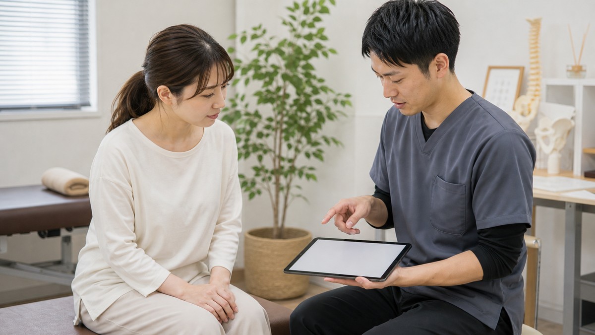 姿勢の崩れで医療機関への相談を検討するイメージ
