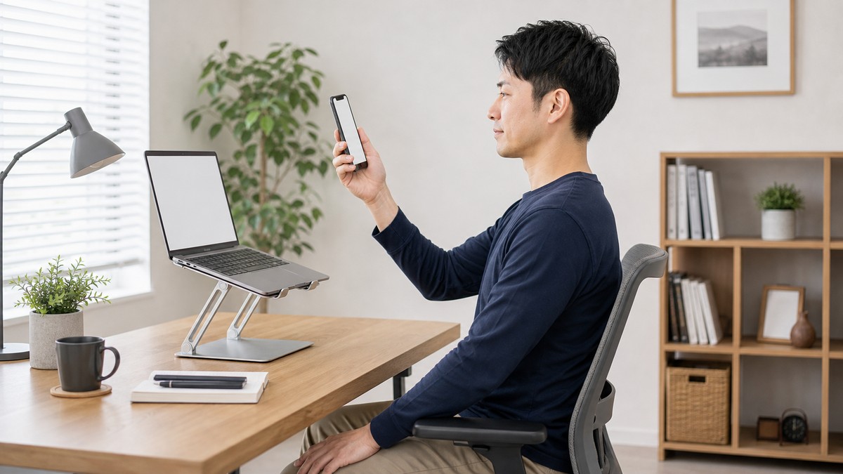 スマホや画面を目の高さに近づけてうつむきを減らすイメージ