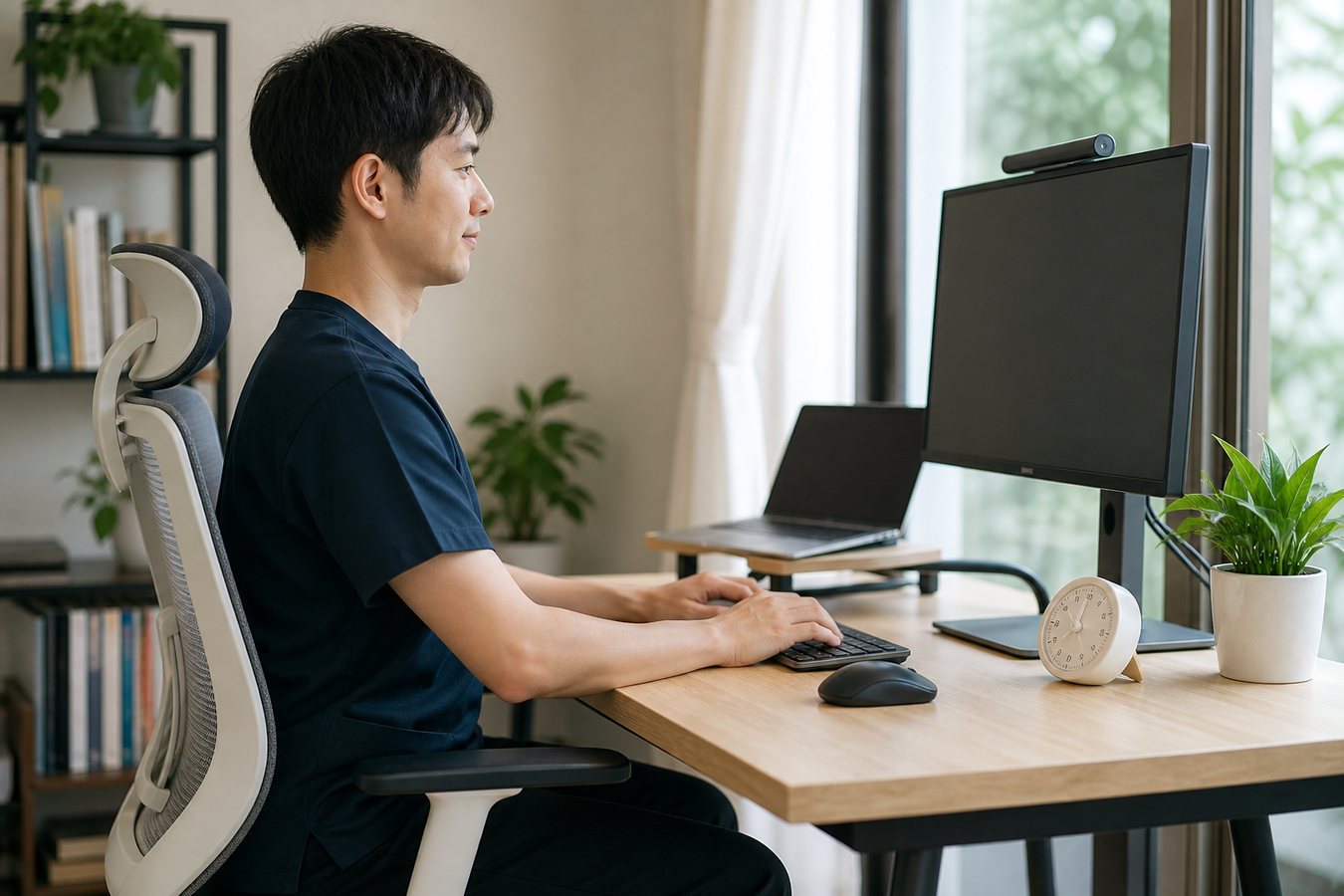 デスクワークや日常姿勢で肩に負担がかかる様子