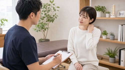 吉川美南で肩こりを相談する女性